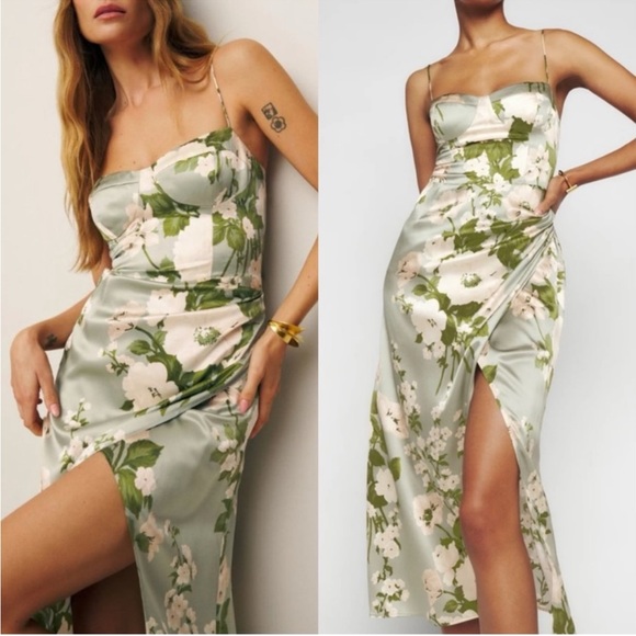 Reformation Dresses & Skirts - New Reformation Marguerite Midi Dress 100% Silk Tarragon Green Floral 20